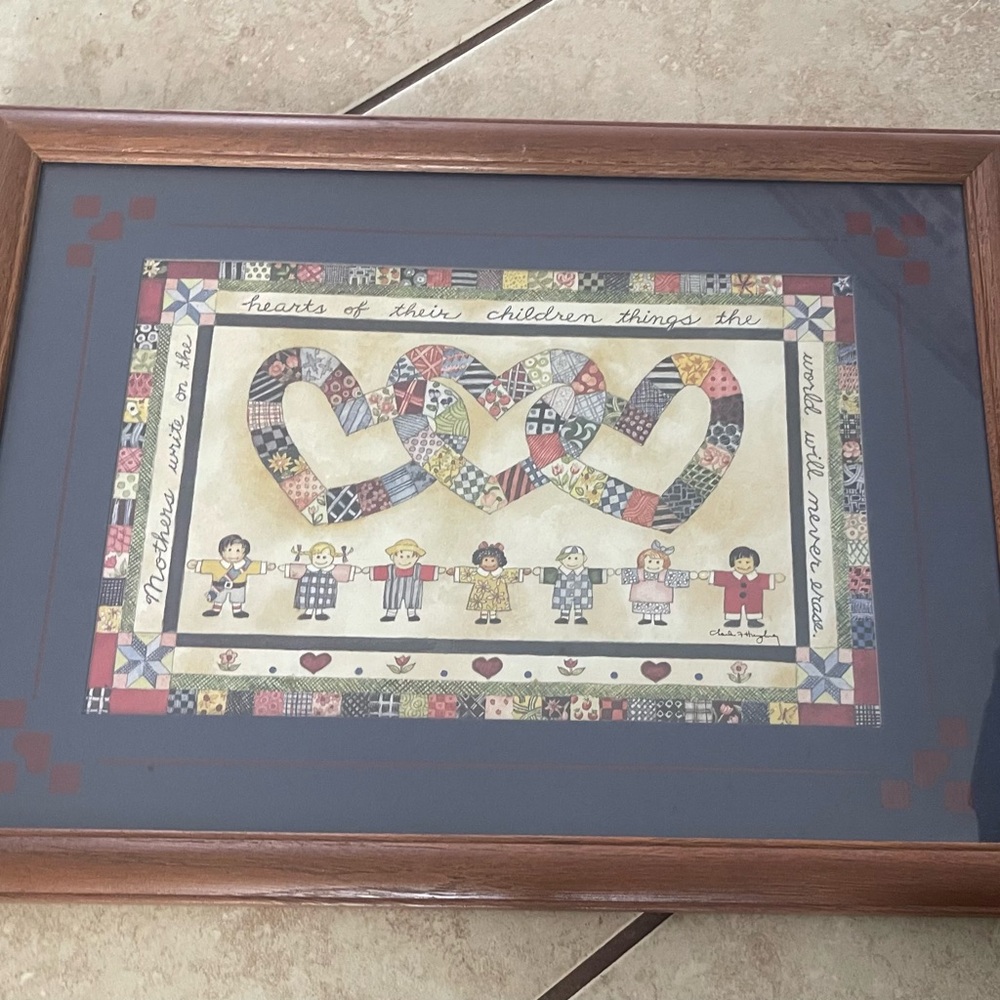 Framed Folk Art Hearts and Children Print - Multicolor